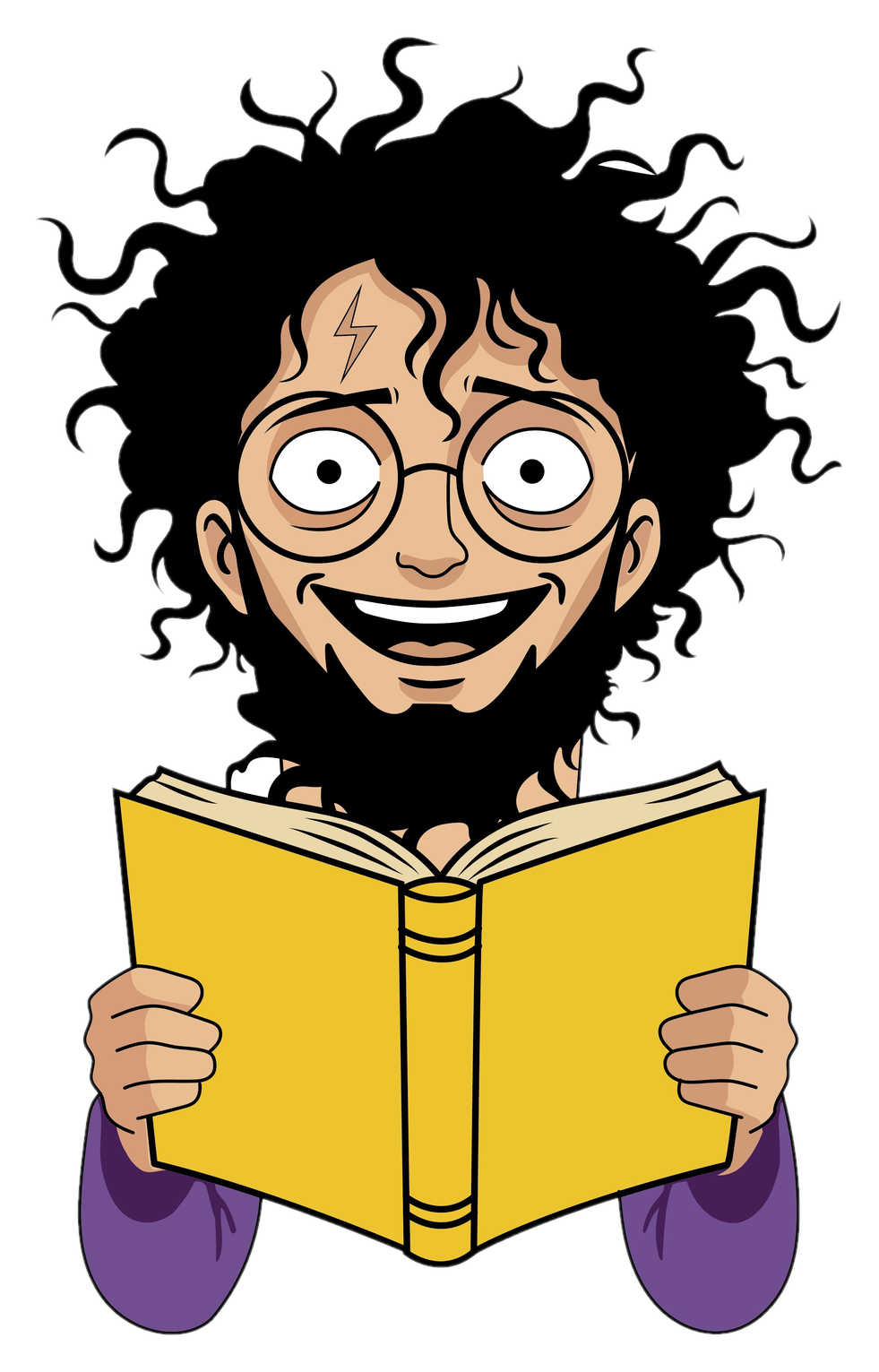 Hairy Podnah mascot holding a yellow book